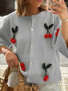 Women's Summer Knit Tops Half Sleeve O Neck Button Up Cherry Embroidery Knitwear For Party - Grey - View 4