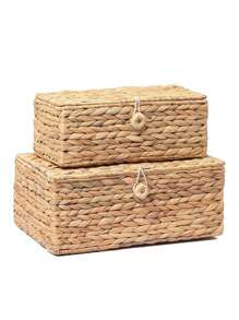 2 件/1 件带盖矩形柳条储物篮，复古藤条装饰盒，多用途搁架整理器，波西米亚风格柳条家居装饰，编织藤条篮架 - 卡其色 - 查看 2