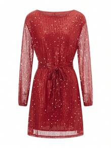 S Sequin Party Dress, Sparkle Long Sleeve Round Neck Short Cocktail Dress With Belt - Red - View 2