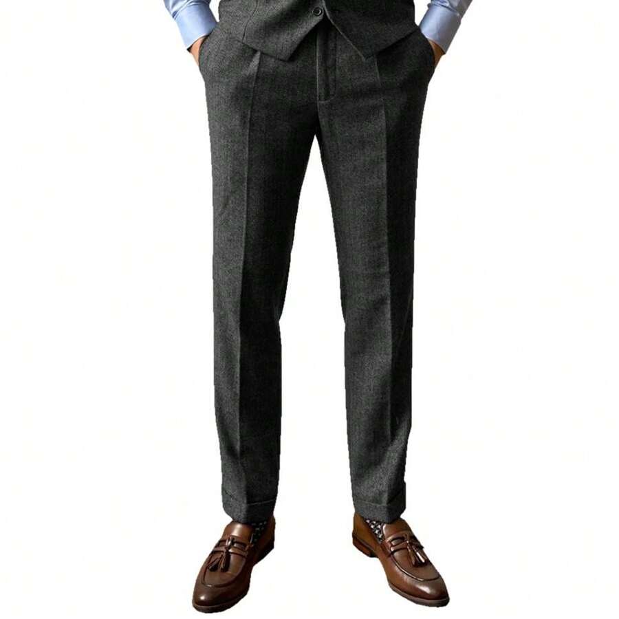 Vintage Men's Tweed Pants With Rolled-Up Trouser Legs, Herringbone Wool Tweed Retro Dress Suit Pants Casual Business Suit Trousers, Solid Color, All-Season, Regular Fit, Mid Waist, Drawstring Waist, Pocket Details - 灰色 - 查看 1