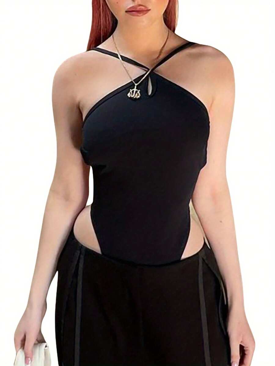 Women Halter Bodysuit Solid Color Backless Bandage Leotard Tops One-Piece Off Shoulder Strap Jumpsuits Romper Clothes Party Clubwear - Black - View 1