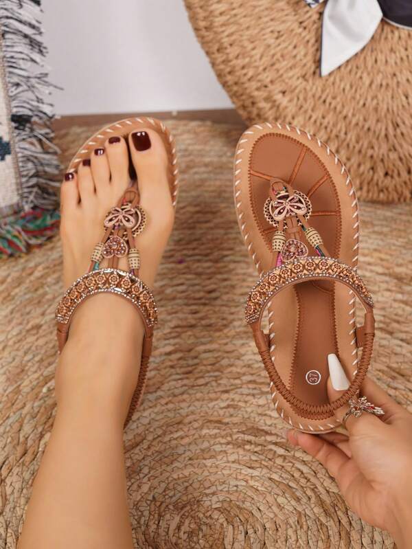 Flat Sandals For WomenPlus Size Cutout Cross Border Flat Rhinestone Beach Women's Shoes Bohemian Comfortable Women's Shoes Summer