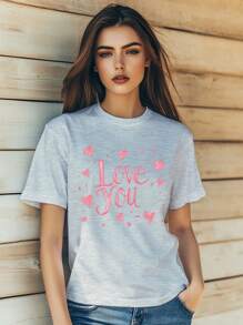 Women's Summer Casual T-Shirt Fashion Valentine's Day I Love You Graffiti Retro Print Short Sleeve Round-Neck Slm Fit Tops Streetwear