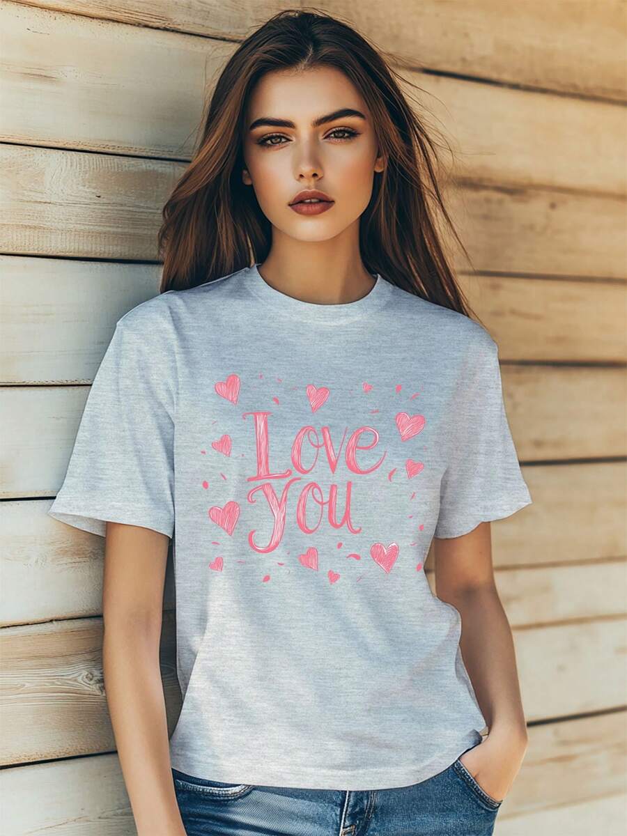 Women's Summer Casual T-Shirt Fashion Valentine's Day I Love You Graffiti Retro Print Short Sleeve Round-Neck Slm Fit Tops Streetwear