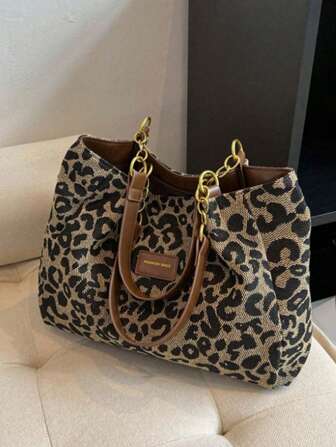Leopard Print Canvas Tote Bag, Vintage Shoulder Bag, Fashionable Handbag Suitable For School, Work, And Shopping, Fall Winter Fashionable Cheetah Print Purse For Women