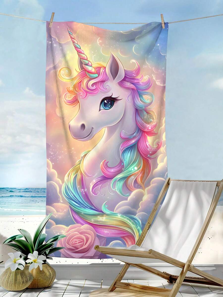 1 件独角兽卡通印花超柔软吸水游泳/沙滩巾，适合沐浴、旅行和户外