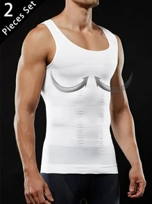 Men's 2 Pcs Compression Shirt Slimming Body Shaper Vest Gym Workout Tank Top Sleeveless Abdomen Shapewear Gynecomastia Compression Shirts, Tummy Control Undershirts - Change In Seconds