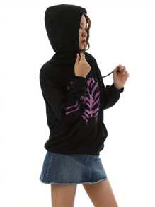 Womens Drawstring Hoodies, Long Sleeve Heart Skeleton Print Oversized Sweatshirts - Black - View 4