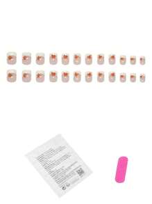 24 片短方形法式秋冬精美闪亮枫叶指甲，带锉条和果冻胶，1 片装指甲 - 彩色 - 查看 2