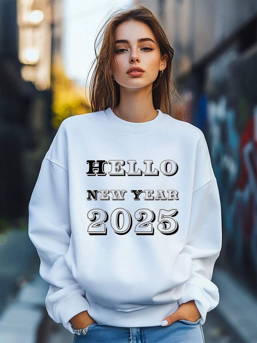Women's Fall Loose Pullover Fashion Hello New Year 2025 Cool Letter Print Long Sleeve Crew Neck Sweatshirt Casual Comfy Clothes