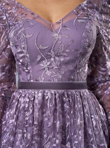 V-Neck Semi-Sheer Embroidery Lace Ruched Dress With Flared Hem, Bridesmaid Dress - Dusty Purple - View 1