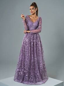 V-Neck Semi-Sheer Embroidery Lace Ruched Dress With Flared Hem, Bridesmaid Dress - Dusty Purple - View 3