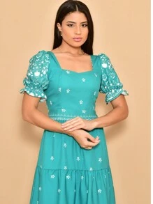 Helena Crepe Printed Midi Dress With Short Sleeves - Dark Green - View 3
