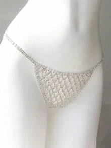 Women's Fashion Sexy Rhinestone Mesh Thong Bikini Chain - Silver - View 4