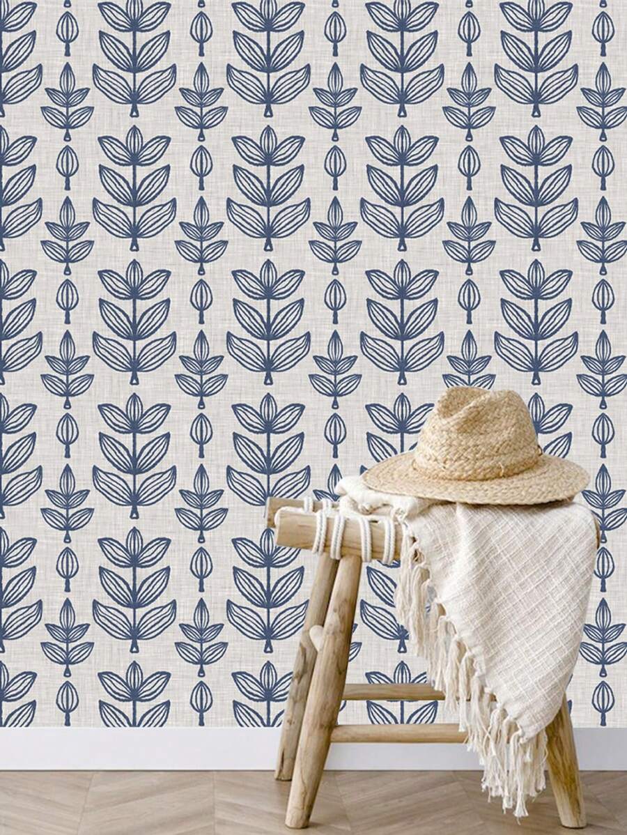 1 Roll 44.5CM Width Linen Textured Navy Blue Leaf Peel And Stick Wallpaper, Minimalist Nordic Hand Drawn Botanical Self Adhesive Wallpaper, Removable Waterproof Wall Mural For Bedroom Living Room Accent Wall Home Decor