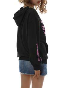 Womens Drawstring Hoodies, Long Sleeve Heart Skeleton Print Oversized Sweatshirts - Black - View 3