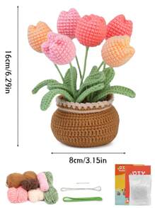 1 Conjunto Kit de Crochê Adequado para Iniciantes, Buquê Floral de Crochê Feito à Mão, Materiais para Plantas em Vaso de Tulipa e Girassol, Inclui Acessórios Básicos e Tutoriais
