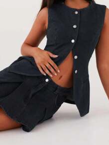 Women's 2 Piece Denim Skirts Outfits Solid Color Buttons Sleeveless Denim Tank Tops Jean Skirts Clothes Set - Dark Grey - View 3