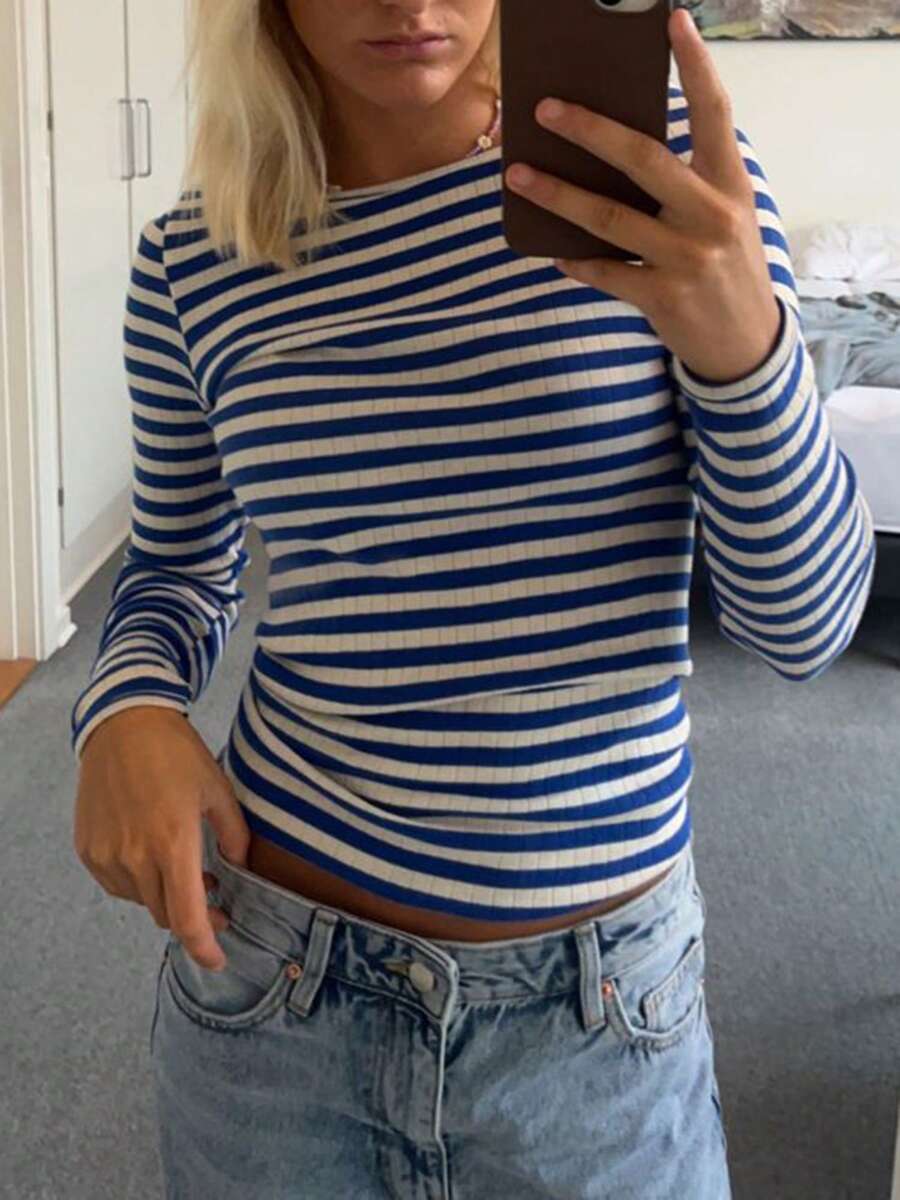 Women's Rib Knitted Striped T-Shirts Contrast Color Slim Fit Long Sleeve Round Neck Casual Tee Tops - Blue - View 1