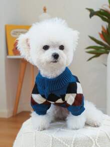 1pc Pet Clothing, Dog/Cat Apparel, Autumn/Winter Warm, Soft & Comfortable Blue And Coffee Plaid Sweater
