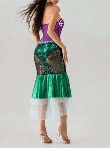 Women's Mermaid Costume Sequin Maxi Skirt Strapless Tube Tops Ruffle Long Tail Cosplay Halloween Party Dress Fancy Dress - Green - View 7