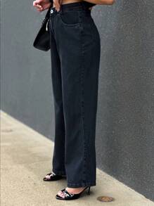 KISS ME LADY Kissmelady 8116 Women's Wide Leg Flare Jeans With Bag High Waist Flare Pants Thick Fabric 100% Jeans 8116 - 深色水洗藍 - 查看 3