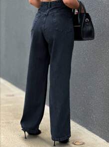 KISS ME LADY Kissmelady 8116 Women's Wide Leg Flare Jeans With Bag High Waist Flare Pants Thick Fabric 100% Jeans 8116 - 深色水洗藍 - 查看 2