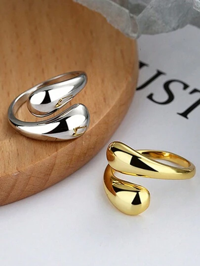 Anillo ajustable de acero inoxidable con diseño geométrico de gota de agua simple para mujer