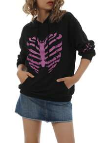 Womens Drawstring Hoodies, Long Sleeve Heart Skeleton Print Oversized Sweatshirts - Black - View 5