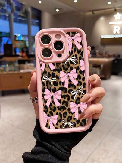 1pc Pink Bow Leopard Print Full Body Protective Phone Case, Compatible With Apple 17 X XS XR 11 12 13 14 15 16 Pro Plus ProMax, Shock-Resistant