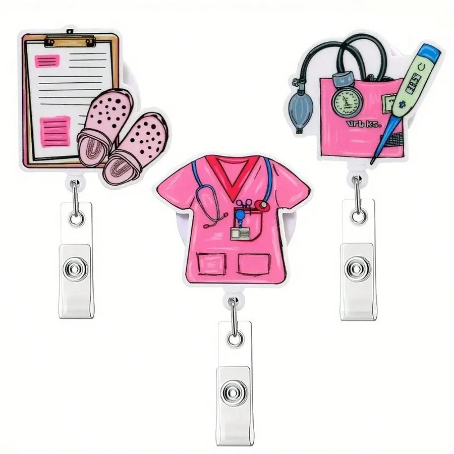 1 件/3 件粉色护士徽章卷轴 - 可伸缩和旋转证件夹，带易拉夹，耐用亚克力 - 彩色 - 查看 1
