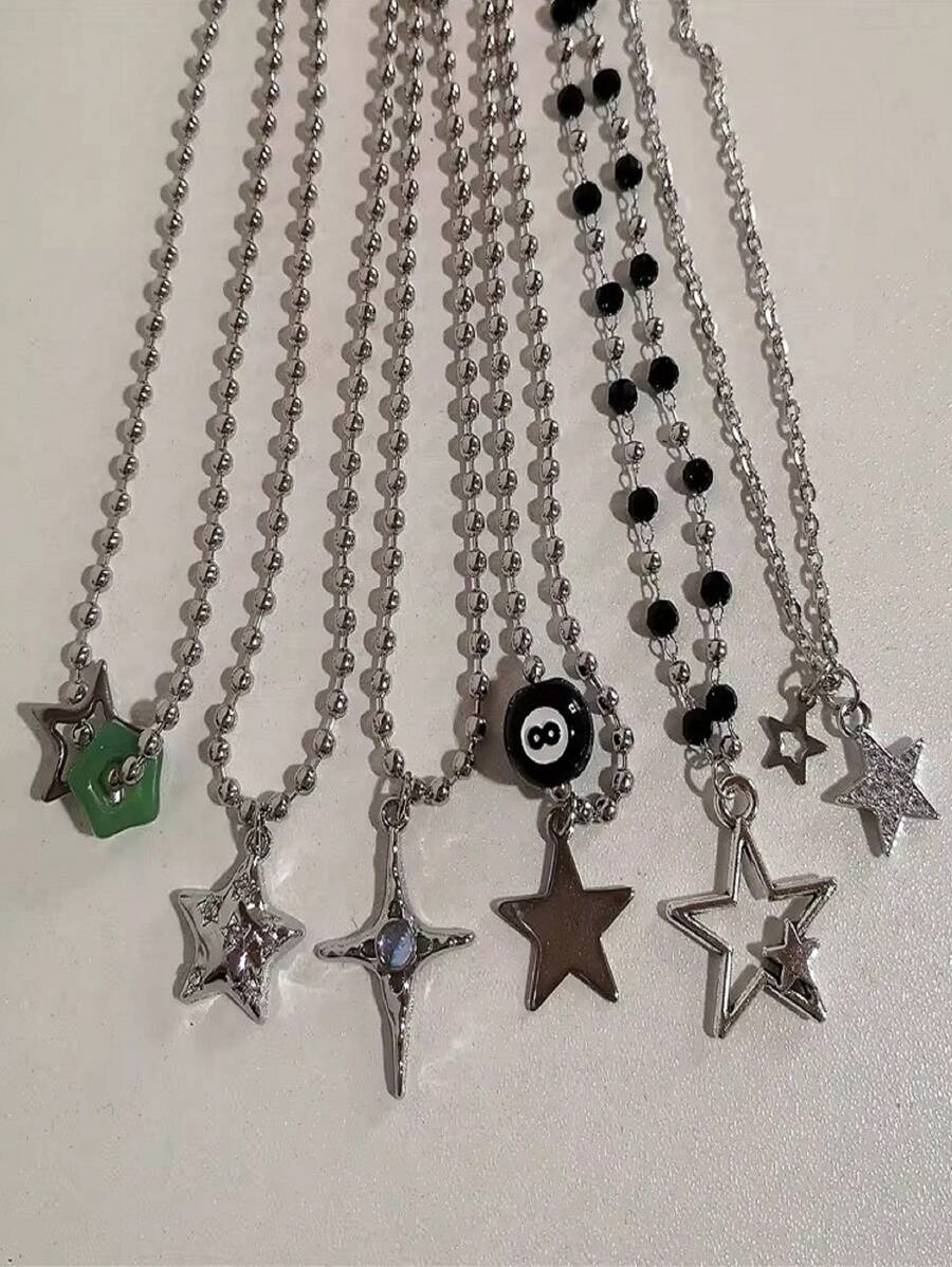 6 件 Kpop 复古朋克银色星星吊坠珠项链男女街头嘻哈美学垃圾摇滚珠宝 Y2K 配饰
