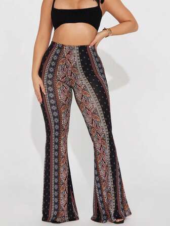 Elegant Knitted Fabric Women's Flare Leg Pants Long With Intricate Pattern Medium Stretch Comfort Fit