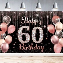 1pc "Happy Birthday" Backdrop Banner, Black/Silver/Rose Gold, Party Decorations For 16th 21st 40th 50th 60th 80th Birthday, Photo Booth Accessories, Glitter Balloon