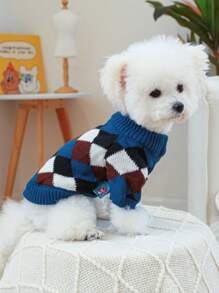 1pc Pet Clothing, Dog/Cat Apparel, Autumn/Winter Warm, Soft & Comfortable Blue And Coffee Plaid Sweater