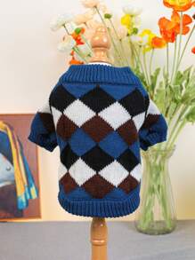 1pc Pet Clothing, Dog/Cat Apparel, Autumn/Winter Warm, Soft & Comfortable Blue And Coffee Plaid Sweater