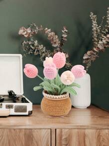 1 Conjunto Kit de Crochê Adequado para Iniciantes, Buquê Floral de Crochê Feito à Mão, Materiais para Plantas em Vaso de Tulipa e Girassol, Inclui Acessórios Básicos e Tutoriais