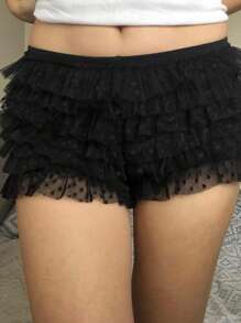 Pantalones cortos de mujer con encaje, volantes, cintura elástica, informales, de verano - Negro - Ver 1