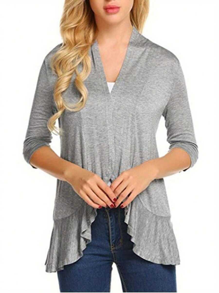 Women Spring Autumn Cardigan Tops, 3/4 Sleeve Casual Solid Color Ruffled Hem Thin Tops Coat - Light Grey - View 1