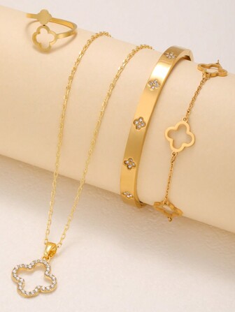 闪亮时尚 4 件套不锈钢方晶锆石四叶草女士首饰套装，包括手链、手镯、项链、戒指