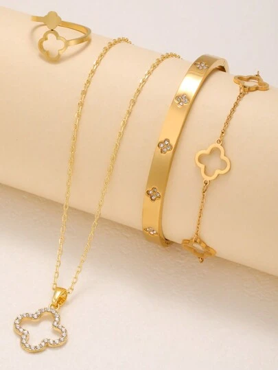 Ensemble de bijoux de mode brillant en acier inoxydable de 4 pièces pour femmes, comprenant un bracelet, un jonc, un collier, une bague avec cubic zirconia cubique en forme de trèfle