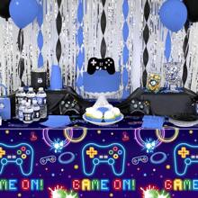 1pc/3pcs Video Game Controller Neon Lights Birthday Tablecloth, Disposable Rectangular Plastic Tablecloth For Game Themed Party, Birthday Party Decorations & Supplies