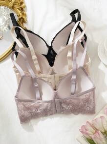 3-Pack Sexy Lace Deep V-Neck Push Up Supportive Underwire Lined Bra Sets - Multicolor - View 5