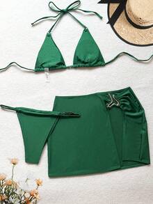 getzwa 女士新款纯绿色 3 件套比基尼套装，包括不对称金属装饰裙，性感优雅夏季海滩度假比基尼套装