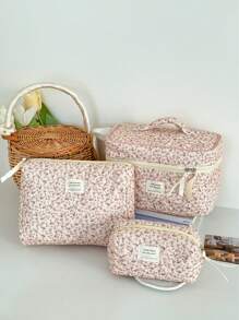 Neceser de maquillaje de terciopelo con estampado floral, bolsa con cremallera de tela con estampado floral, organizador de artículos de tocador de estilo campestre lindo para uso diario, hogar o viaje