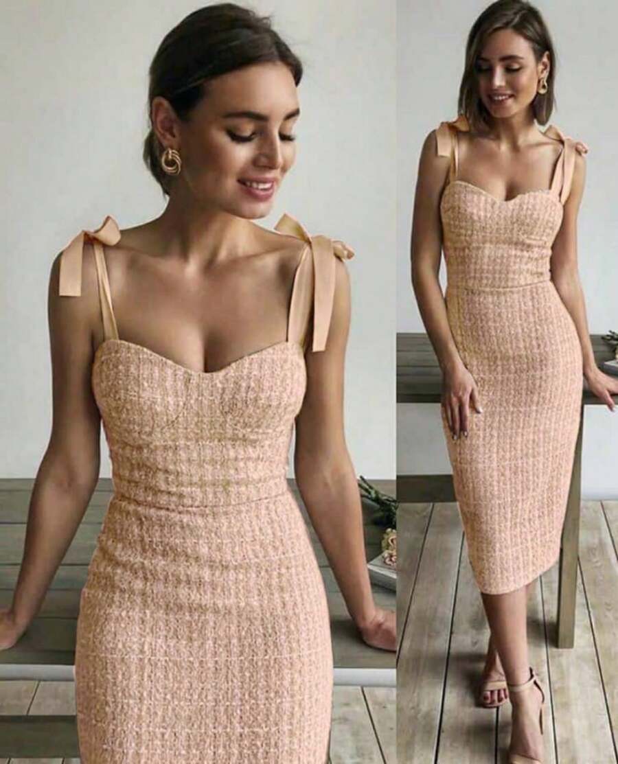 vestido de dama elegante con listones y copa a cuedros formal e informal - Naranja Coral - Ver 1