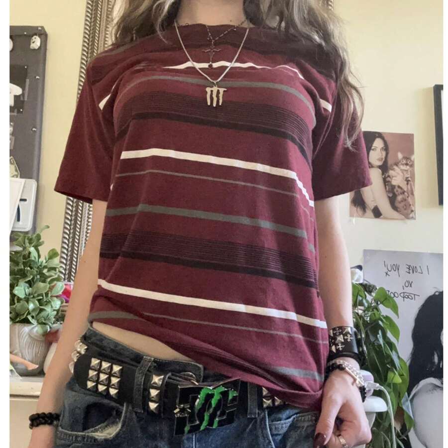 Women's Y2K Summer Casual Striped Tops Short Sleeve Round Neck Loose Fit Streetwear T-Shirt