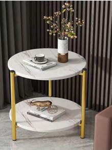 Mesa auxiliar redonda con diseño de mármol, mesa auxiliar moderna y sencilla junto al sofá, soporte de almacenamiento de 2 niveles - Blanco - Ver 2