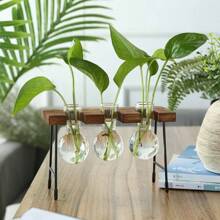 Creative Wooden Frame Hydroponic Plant Container Glass Bulb Vase Home Tabletop Decor Vases Beaker Glass Planter Bonsai - Khaki - View 2