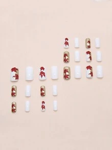 24 piezas de uñas postizas cuadradas cortas con patrón de hojas de arce de otoño e invierno, decoración de uñas dulce, adecuado como regalo DIY para amigos - Multicolor - Ver 2